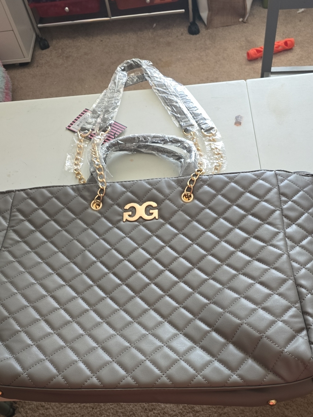 Quilted Gray Tote with Gold Chain Accents